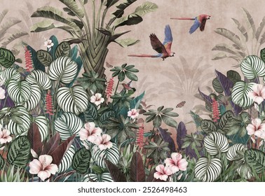 pattern tropical forest style wallpaper with palm trees plants butterflies and birds macaw parrot pink background.