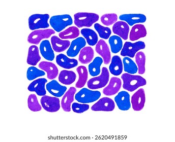 Pattern of uneven spots of rounded shape. Water drops. Spots of different shades of blue, purple. Form rectangle. Isolated on white background. Each shape has white highlight. Drawing with felt tip.