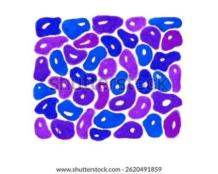 Pattern of uneven spots of rounded shape. Water drops. Spots of different shades of blue, purple. Form rectangle. Isolated on white background. Each shape has white highlight. Drawing with felt tip.