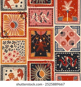 Pattern with various colored squares, each featuring unique designs like snakes, plants, flowers, and astrological symbols. Predominant colors are red, orange, blue, and pink, creating a dynamic and e