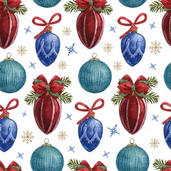 Pattern With Vintage Christmas Ornaments, Toy And Decoration. Watercolor Illustrations Of Christmas Hand Made Toys, Christmas Blue And Red Ball