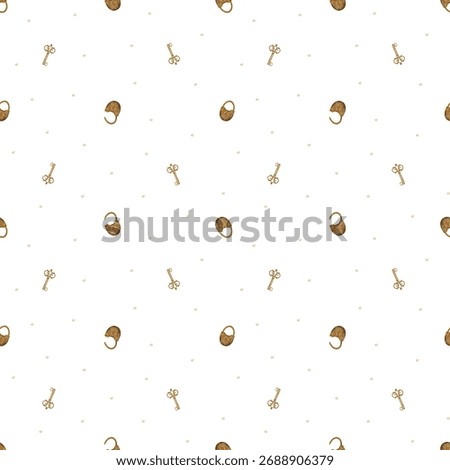 Pattern vintage key, lock in bronze with stars. Hand-drawn watercolor illustration in childish retro style. Seamless print is isolated from background for design, textile fabrics, wallpaper, packaging