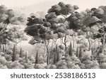 pattern wallpaper forest mural nature trees with plants, birds, vintage black and white  background.