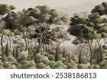 pattern wallpaper forest mural nature trees with plants, birds, vintage background.