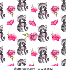 pattern with watercolor forest animals, flower and leaves