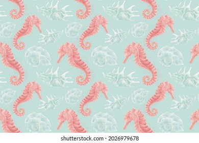 A pattern of watercolor illustrations of a seahorse, shells on a blue background, seamless