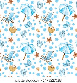 Pattern of watercolor illustrations without background. Beach, vacation, beach umbrella, deck chair, summer shoes, beach towel, picnic basket, beach bag - Powered by Shutterstock