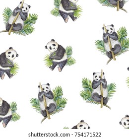 Pattern With Watercolor Panda,leaves.