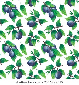 Pattern of watercolor plum tree branches with green leaves and fruits. - Powered by Shutterstock