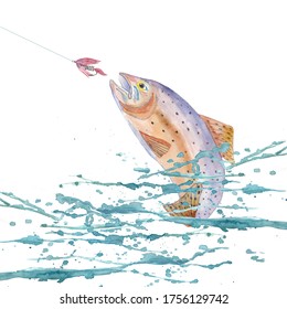 Pattern Watercolor Trout Fishing Jumping Out Of The Water, Colorful Background For Fabric, Wallpapers, T-shirt,  Gift Wrapping Paper, Scrapbooking. Design For Kids.  