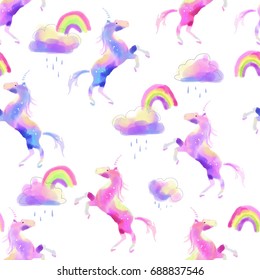 Pattern with watercolor unicorn and rainbow. Cute illustration.