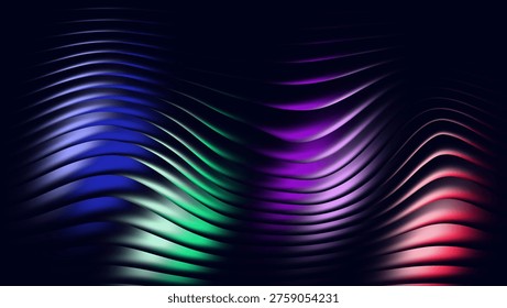 The a pattern of wavy lines in a range of colors, including blue, green, purple, and red, set against a stark black background. The lines are curved and layered, creating a sense of depth and dimensionality. The colors transition smoothly into one another, forming a gradient effect that adds to the visual interest of the