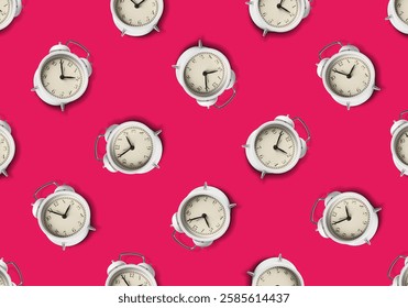 Pattern of white alarm clocks on crimson background
