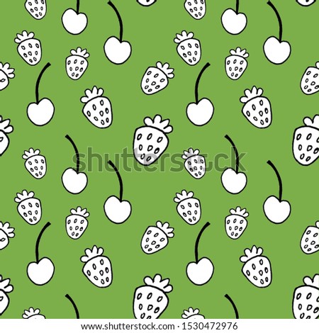 Pattern with white hand-drawn scetches of cherries and strawberries, on a green background, linart, cute pattern.