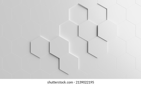 Pattern of white homogenous hexagons with some of them displaced - abstract geometric design. 3d illustration (rendering)