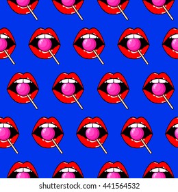 Pattern of woman red lips with lollipop on pop art background.