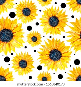 Pattern of yellow sunflowers on a white background