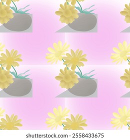 Patterned background of three golden yellow sunflowers on a beautiful gray vase.