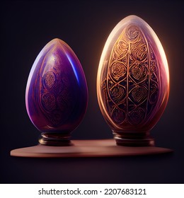 Patterned Fabulous Egg. Magic Eggs. Vintage Eggs On A Dark Background. 3D Digital Illustration.