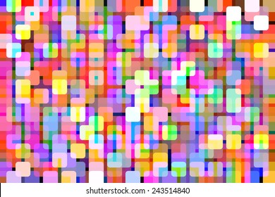 Patterned multicolored nocturnal abstract of rounded squares overlapping for 3-D effect, like so many city lights, for themes of repetition and multiplicity