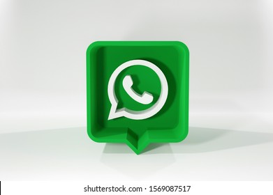 São Paulo, Brazil - November 23, 2019: 3D Whatsapp app icon notification in green square pin isolated on white background with shadow 3D rendering stock photo. 3D Illustration