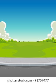 Pavement And Green Park Background/ Illustration Of A Cartoon Urban Landscape Background Scene, With Road, Pavement,green  Park And Horizon Behind, For Miscellaneous Type Of Announcement.