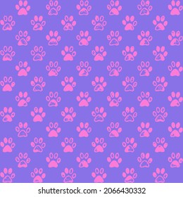 Paw prints in violet and pink, a seamless background pattern