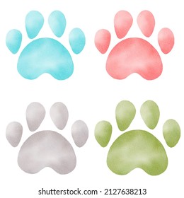Paw prints watercolor clipart. Hand painted animal footprints. Illustration for kids graphics, nursery decor.