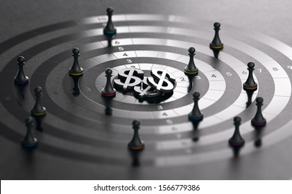 Pawns And Target With Dollar Symbols At The Center Over Black Background. Sales Rep Incentive Program. Representatives Performance Bonuses Concept. 3D Illustration