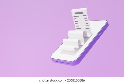 Pay Money Via App Internet Banking Online Payments Bill Floating On Smartphone Blank White Screen Transaction Concept. On Purple Background Minimal Cartoon. 3D Render Illustration