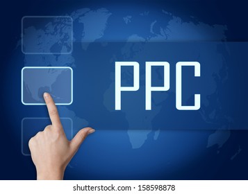 Pay per Click concept with interface and world map on blue background