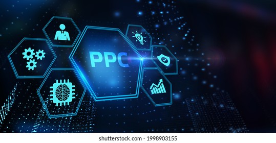 Pay per click payment technology digital marketing internet concept of virtual screen. PPC 3d illustration
