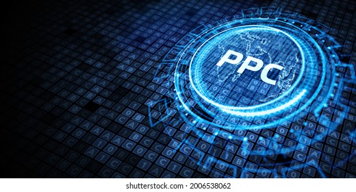 Pay per click payment technology digital marketing internet concept of virtual screen. PPC 3d illustration