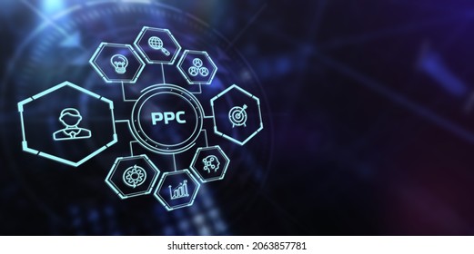 Pay per click payment technology digital marketing internet concept of virtual screen. PPC 3d illustration
