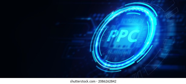 Pay per click payment technology digital marketing internet concept of virtual screen. PPC. 3D illustration