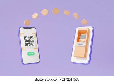 Pay transfer money via QR code scanning two mobile app atm banking with coins floating on purple background. online payment, shopping concept. digital transaction financial. 3d render illustration