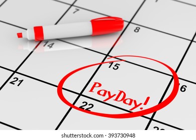 Payday Concept. Calendar With Red Marker And Remind Payday Sign Extreme Closeup