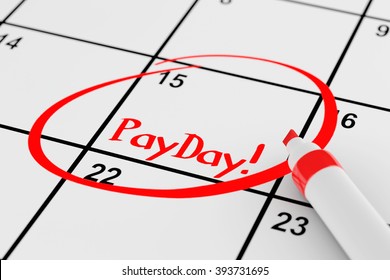 Payday Concept. Calendar With Red Marker And Remind Payday Sign Extreme Closeup