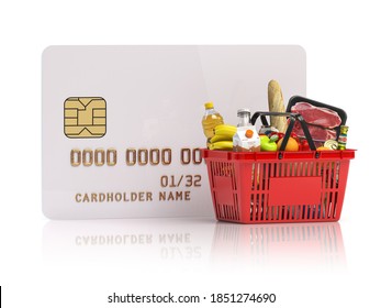 Paying For Shopping Basket Full Of Grocery Products With Credit Card. Online Food Ordering And Delivery Service Concept. 3d Illustration