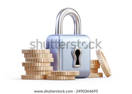 Payment and money protection. Padlock with stack of coins isolated on white background. Financial security, deposit savings and lock, financial insurance stability. Cash money coins. 3D Illustration