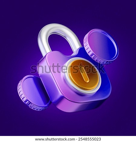 Payment and money protection. Padlock with stack of coins isolated on dark background. Financial security, deposit savings and lock, financial insurance stability. Cash money coins. 3D Illustration