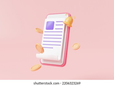 Payment Online On Mobile Phone With Bell Notification, Bill And Coins. Transaction Online, Financial Alert, Business Finance, Bill Payment. Payment Reminder Concept. 3d Minimal Rendering Illustration