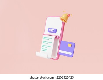 Payment Online On Mobile Phone With Bell Notification, Bill And Credit Card. Transaction Online, Financial Alert, Business Finance, Bill Payment. Payment Reminder Concept. 3d Rendering Illustration