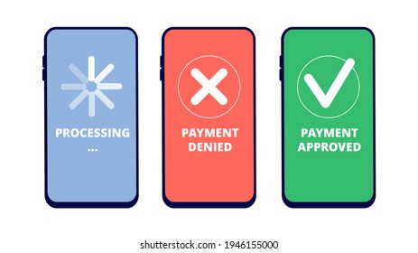 Payment Transactions. Online Payment Approved, Denied And In Process On Smartphone Screen. Flat Mobile Pay Service Concept