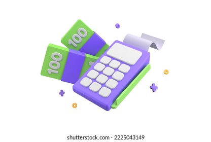 Payment Via Pos Terminal With Cash Money. Offline Payment Concept. Payment Transaction Isolated On White Background. 3d Rendering