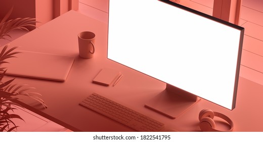 PC Blank White Monitor, Keyboard, Computer Mouse, Headphones, Mug, Notepad And Pen on Desk. All Objects In Room Are Orange Or Red. Copy Space. Empty Space. 3d rendering.