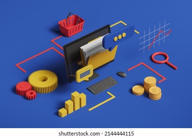 Pc computer and colorful icons, optimization and organization of digital workspace. Finance, communication, banking and shopping. Concept of management. 3D rendering