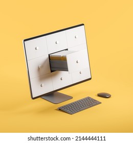 Pc Computer, Screen With Shelf And Heap Of Files In Row On Yellow Background. Search Of Documents In Business Archive. Concept Of Online Database And Storage. 3D Rendering