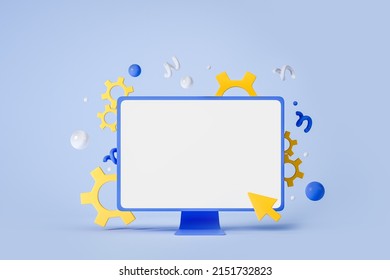 Pc Desktop, Mockup Blank Display. Colorful Gear On Blue Background. Find Data And Information Online. Concept Of Computer Settings. 3D Rendering