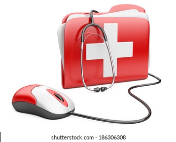 PC Mouse With Red Folder And White Cross.  PC Computer First Aid Concept. 